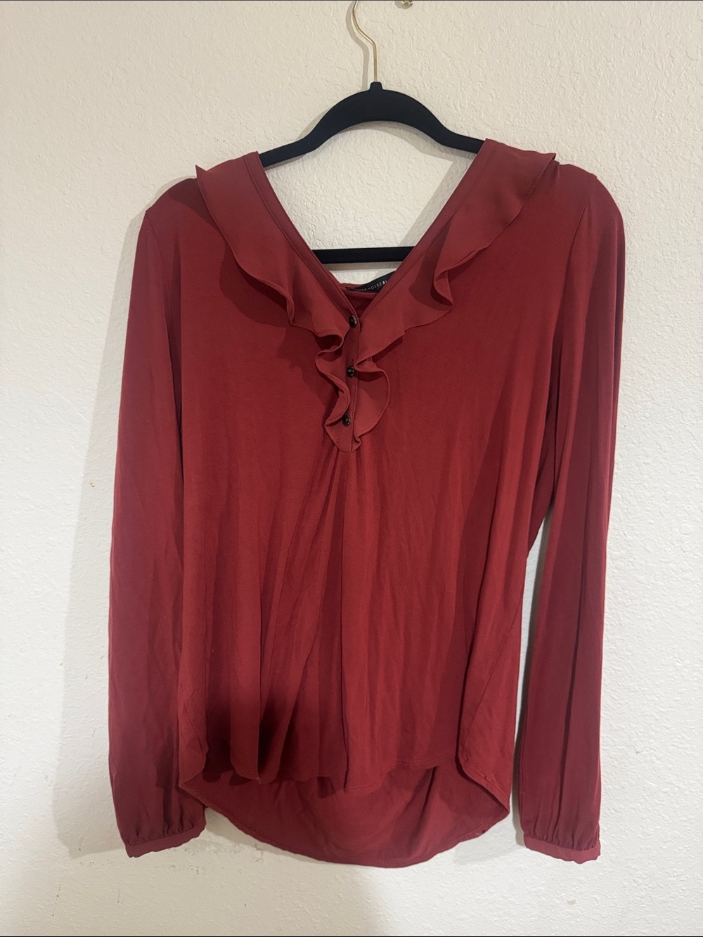 White House Black Market Burgundy Ruffled V-Neck Long-Sleeve Blouse